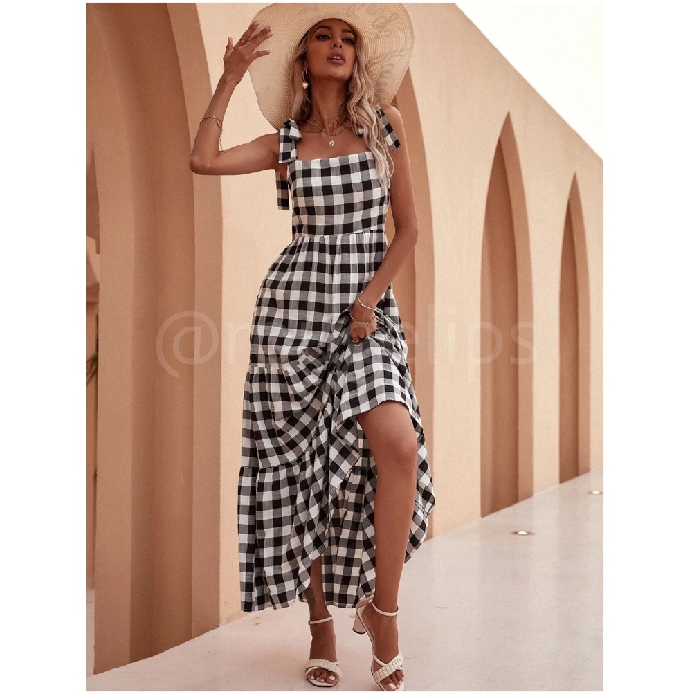 Gingham Dress Black White Plaid Checker Grid Maxi Long Tie Straps Flowy - Picture 5 of 7